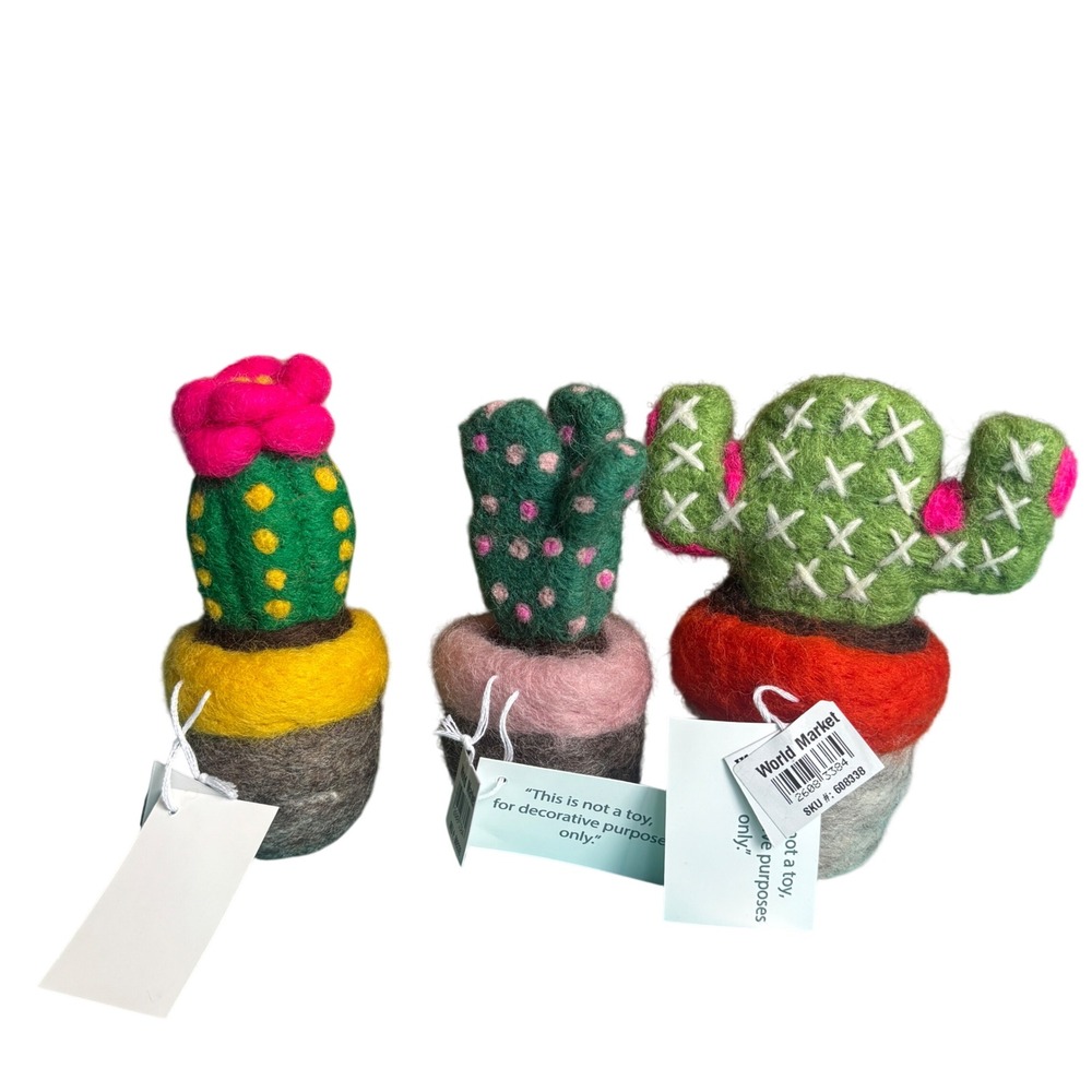 World Market Felted Wool Cactus Decor Set 3 Green Pink Yellow Boho New With Tags